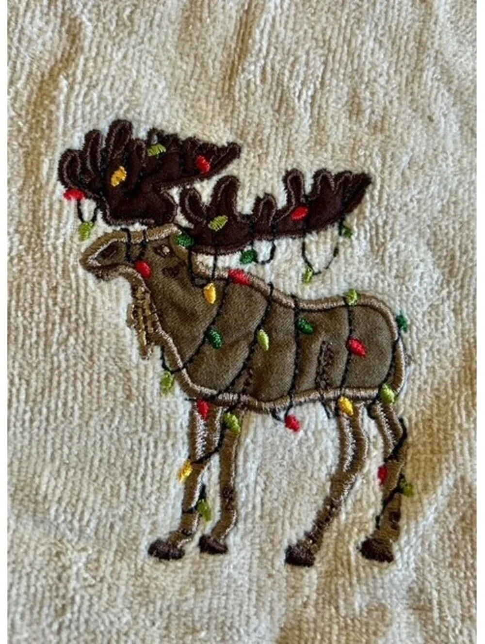 St. Nicholas Square Beige Christmas Reindeer Embroidered Hand Towel